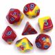 Blended Red/Yellow with Blue Numbers Polyhedral 7 Dice Set
