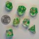 Green Ripples Tranparent with Gold numbers Polyhedral 7 Dice Set