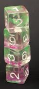 Twelve d6 Six-sided 16mm Pearl Swirl Green Purple White Numbers Dice (12)