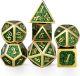 Gold Frame and Numbers Green Glitter Metal Polyhedral Dice Set (7)