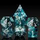 Teal Swirl Black Sharp Edge Gold Flake Polyhedral with Silver Numbers 7 Dice Set
